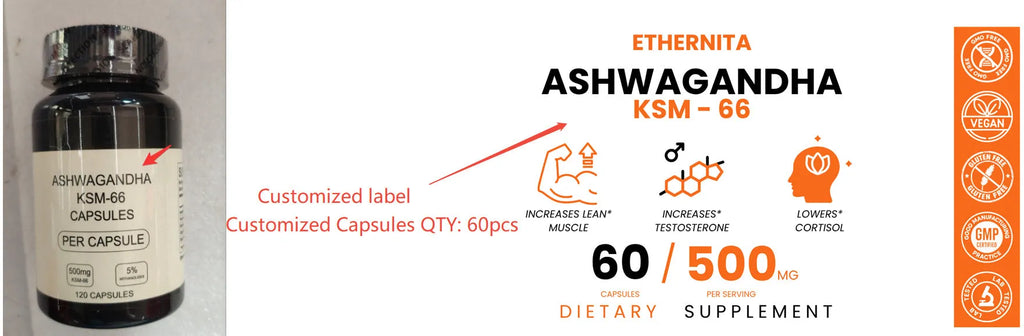 Bottle of Ashwagandha capsules supplement, 60 count, black packaging