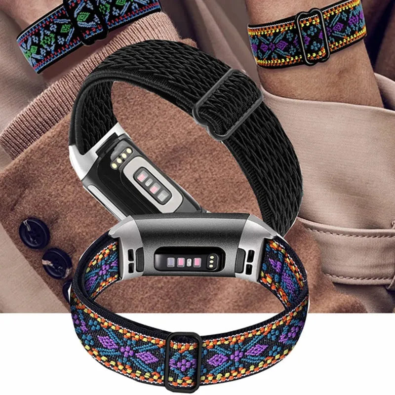 Nylon elastic strap with metal toe cap for Fitbit Charge 6, black colour variant