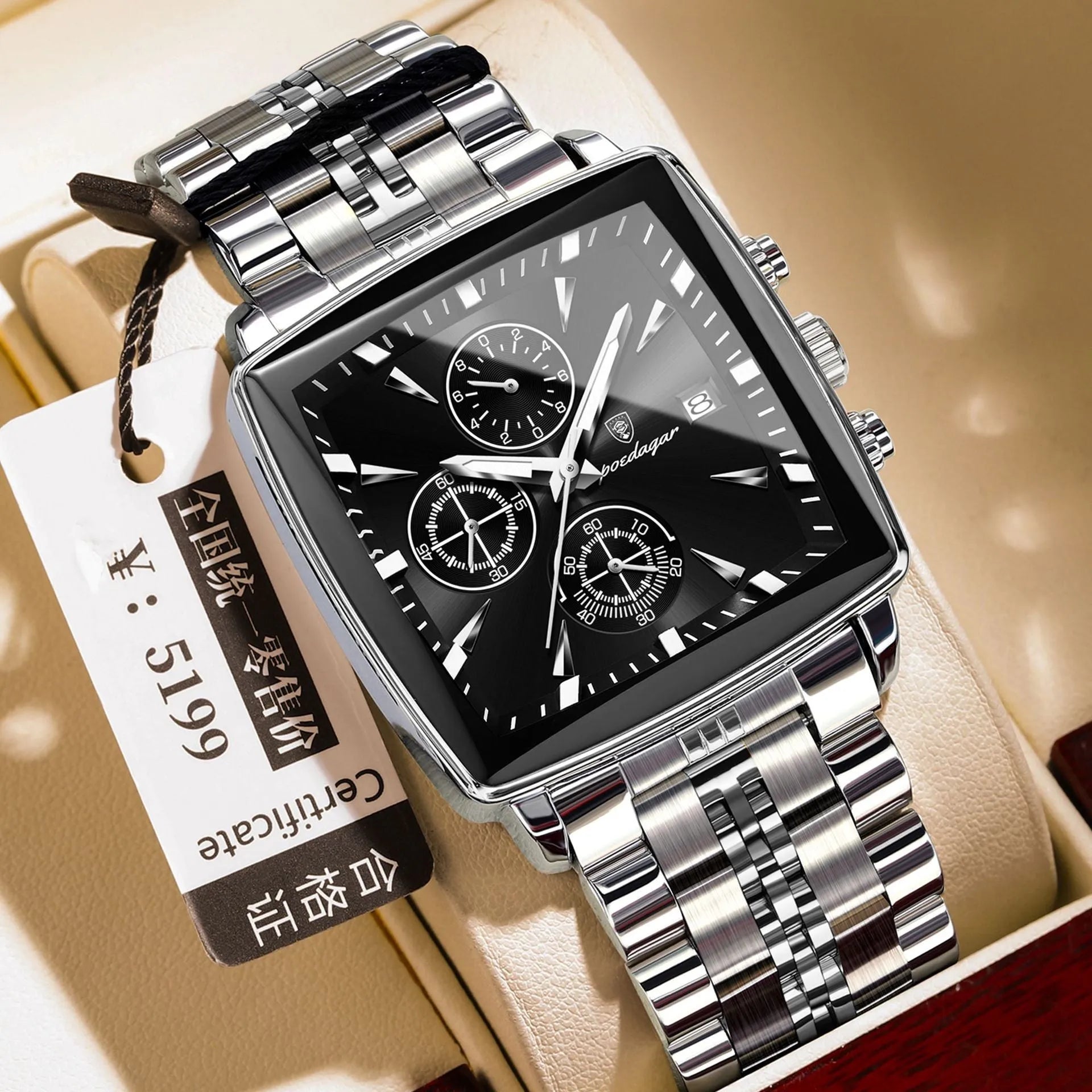 Men's square business quartz watch with stainless steel strap and mineral glass, shown in gold case with blue dial