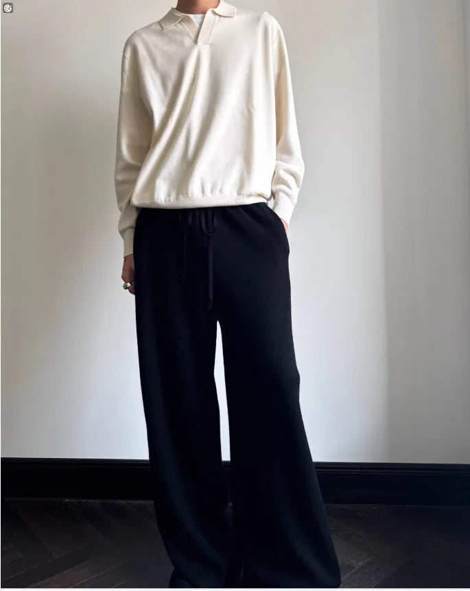 Man's milky white pure wool polo neck sweater with lapel collar and long sleeves.