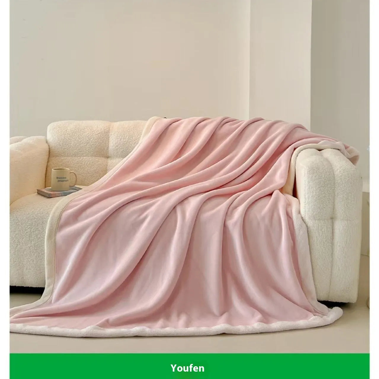 Soft flannel blanket solid colour light luxury style pink size 150x200 cm on bed