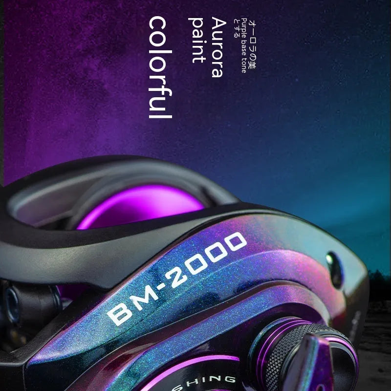 BM2000 model fishing reel showing left-hand and right-hand retrieve options with magnet brake system.