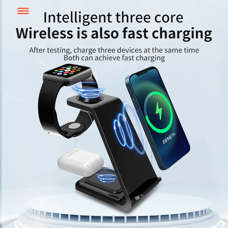 White 3-in-1 upright wireless charger and phone holder on a desk with a mobile phone charging.