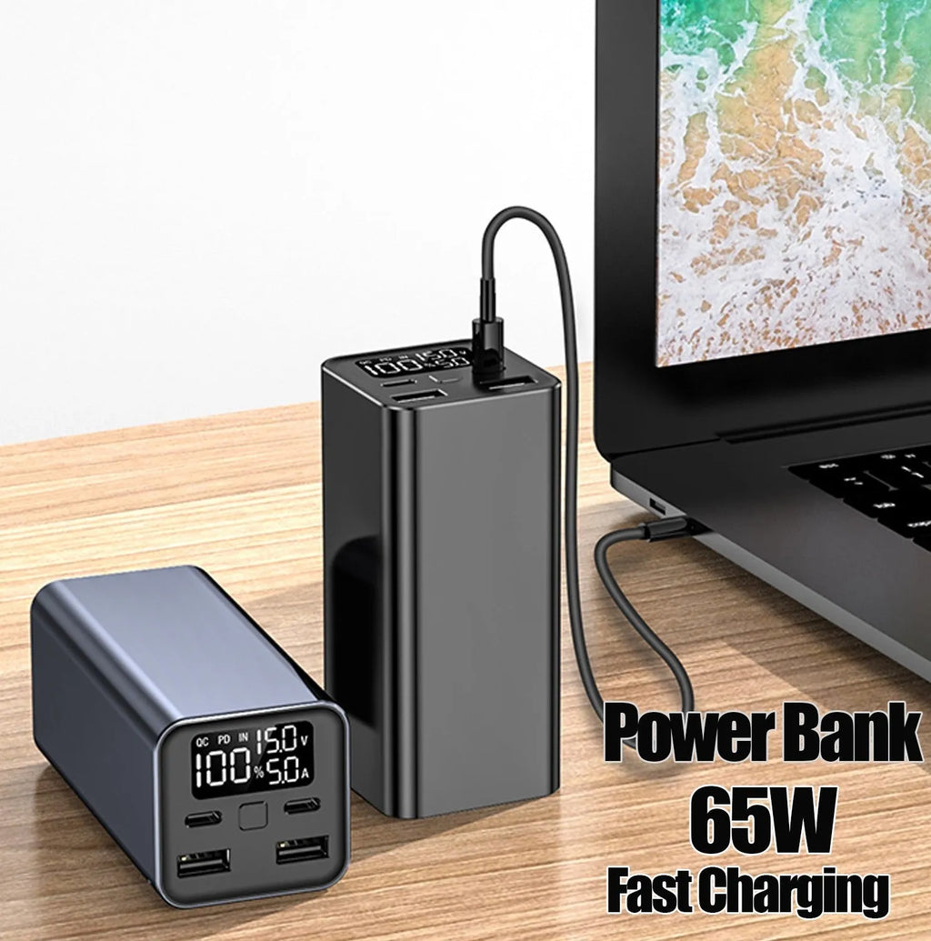Super Fast 65W metal charging bank with 20000mAh capacity in black, blue, or grey colours.