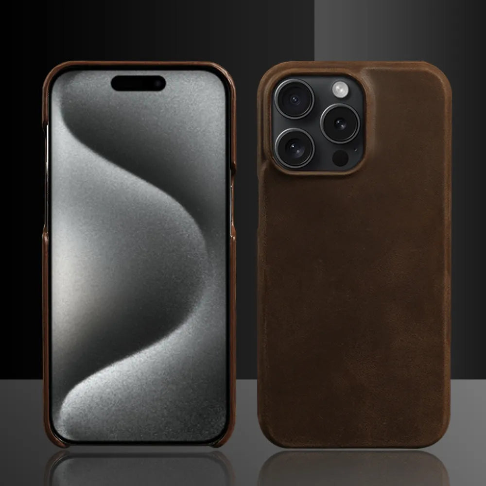 Genuine leather Crazy Horse pattern phone case for iPhone with anti-fall protection in dark brown