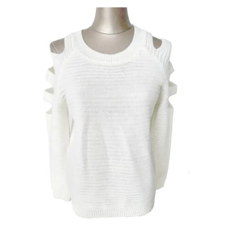 Women's white hollow-out knitted bottoming shirt with round neck and long sleeves