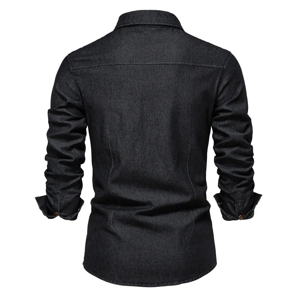Men's slim fit long sleeve denim shirt in a solid colour on a hanger.