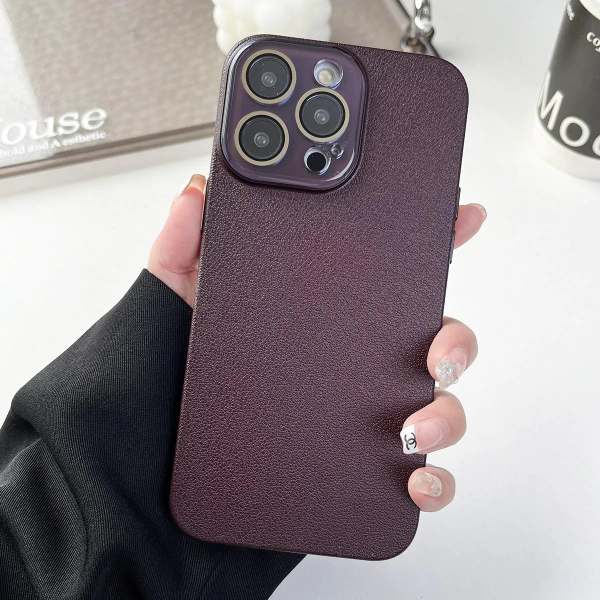 Solid colour lychee pattern PC phone case for iPhone 12-14 series drop protection in taro purple
