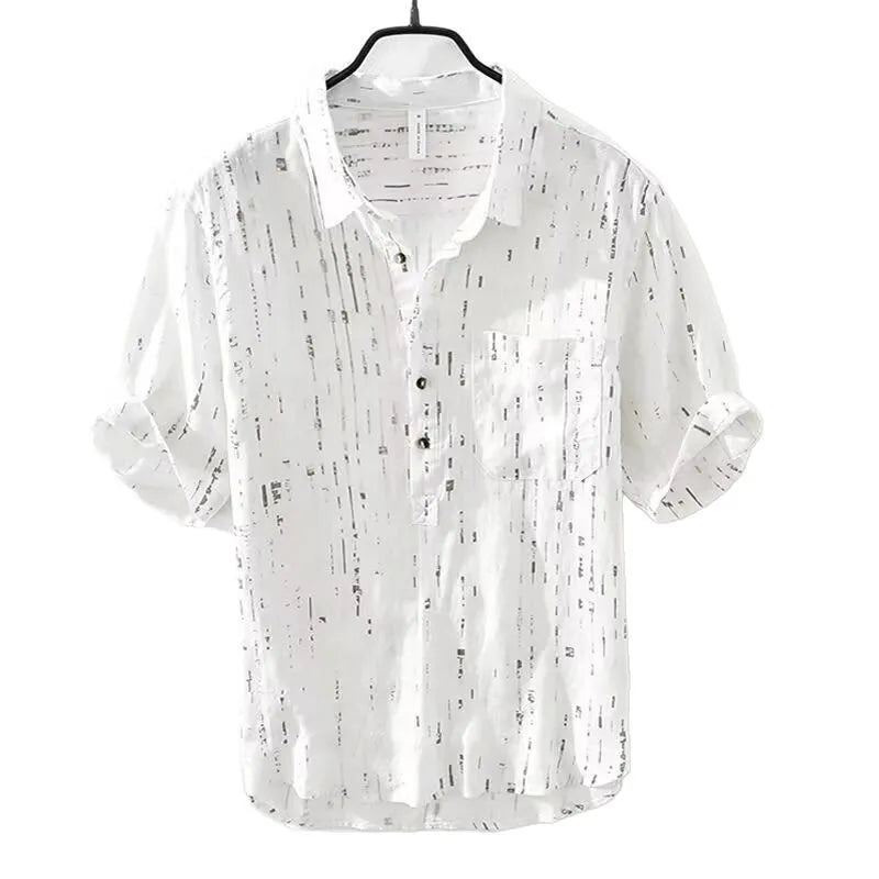 Men's black and white cardigan-style polo shirt with lapel collar and short sleeves