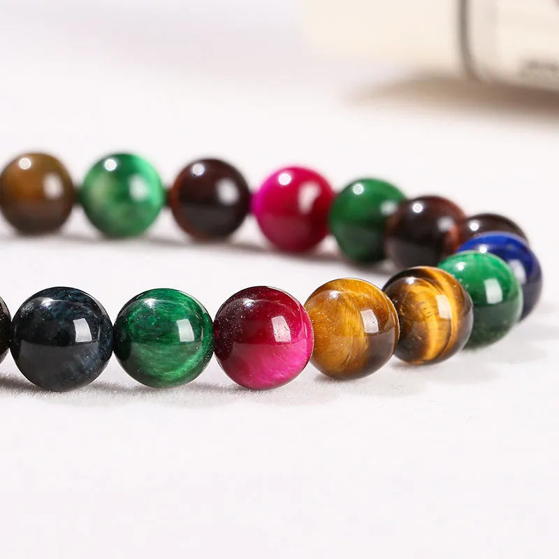 Colourful Tiger Eye natural stone bracelet with round beads on mixed string