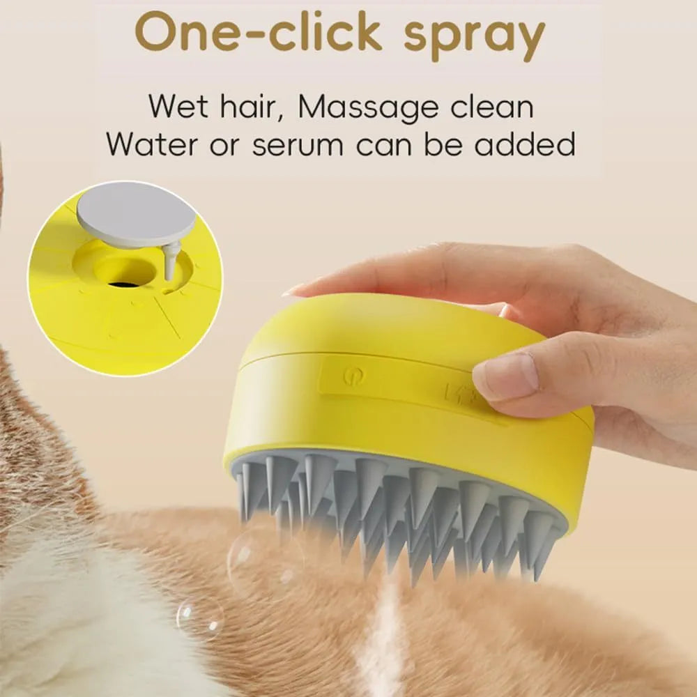 Green and yellow rechargeable silicone cat steam brush for grooming, shown with ergonomic handle.