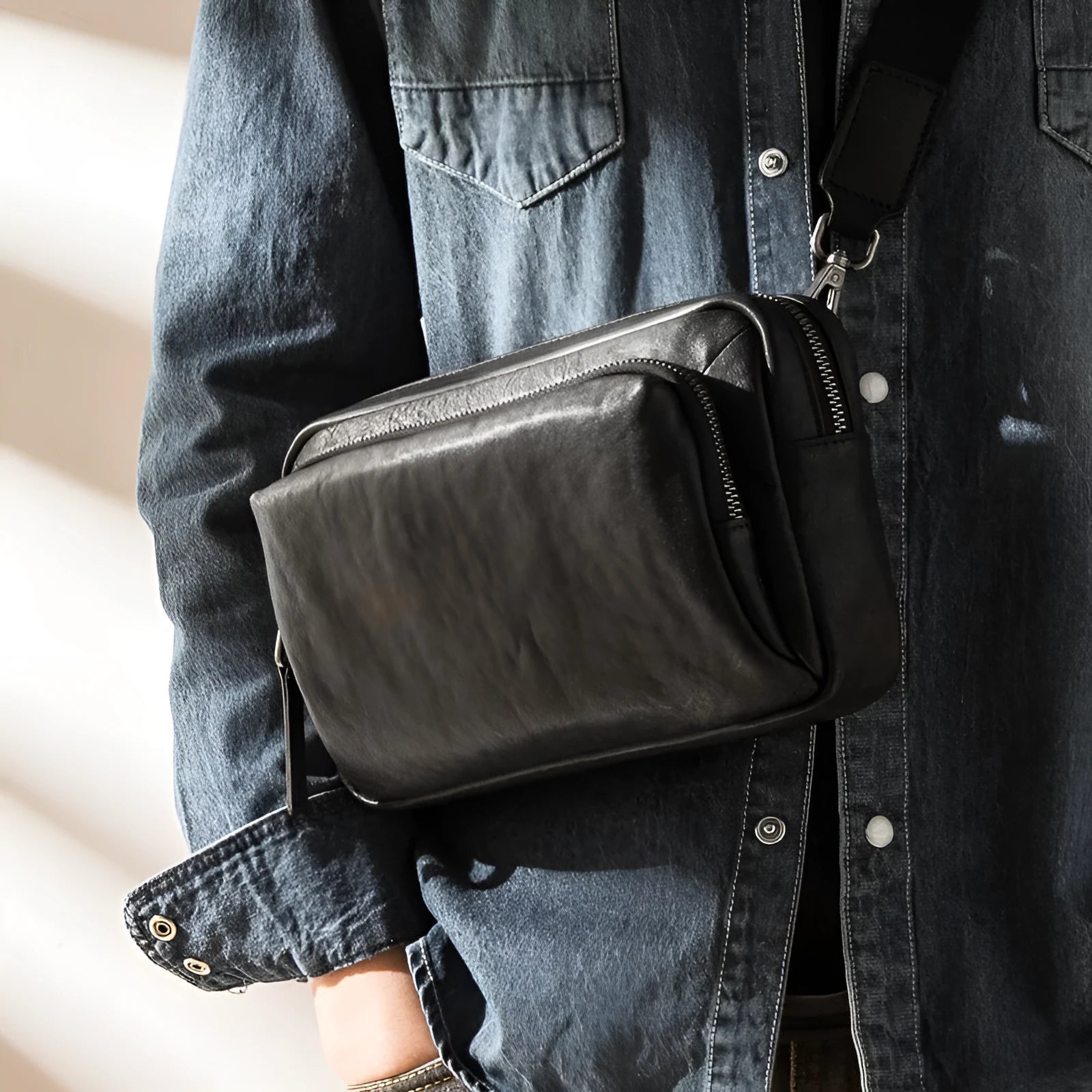 Black cowhide leather shoulder bag 8 inch with zipper closure and multiple pockets
