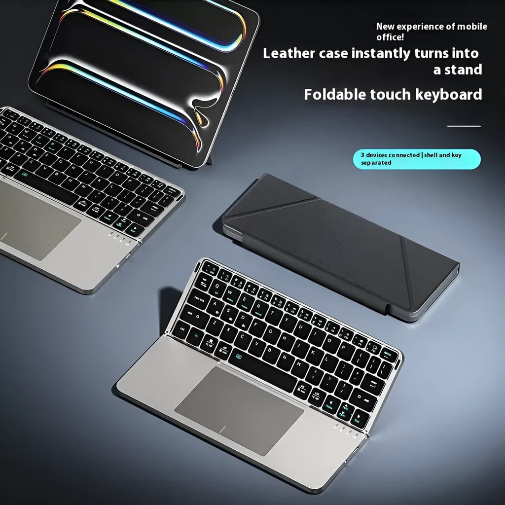 Grey wireless Bluetooth folding keyboard shown open and folded for use with phones and tablets