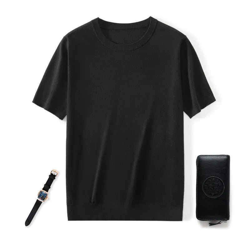 Men's loose-fit knitted casual short sleeve shirt in a choice of eight colours including black, blue, and grey.