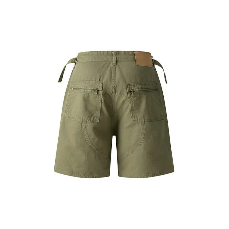 Retro washed cotton workwear shorts in loose fit with half elastic waistband