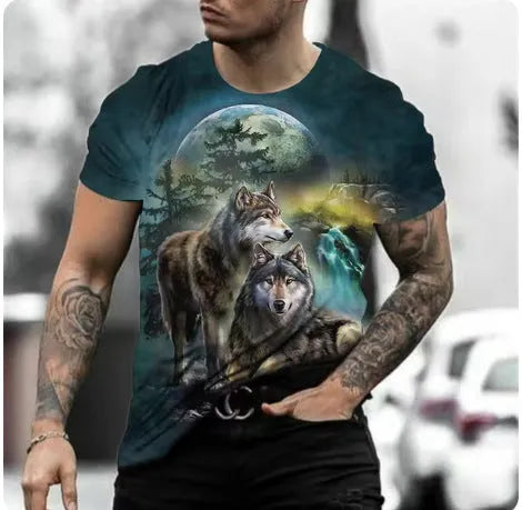 Man modelling a short-sleeved grey T-shirt with a retro-style 3D animal graphic print on the front.