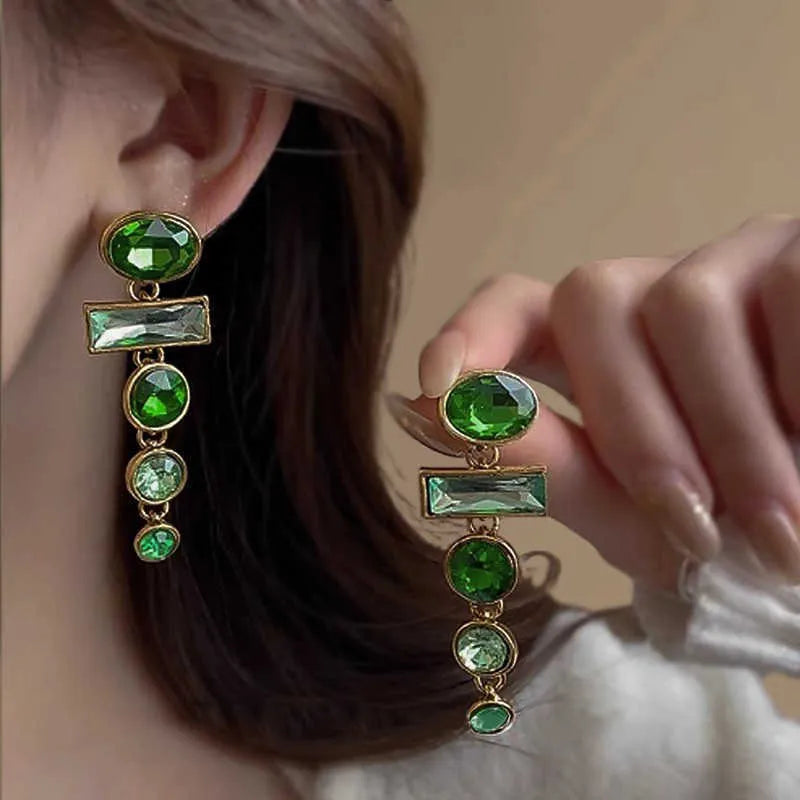 Retro green gradient tassel clip-on earrings with inlaid zircon, alloy geometric shape, women's Chinese style studs