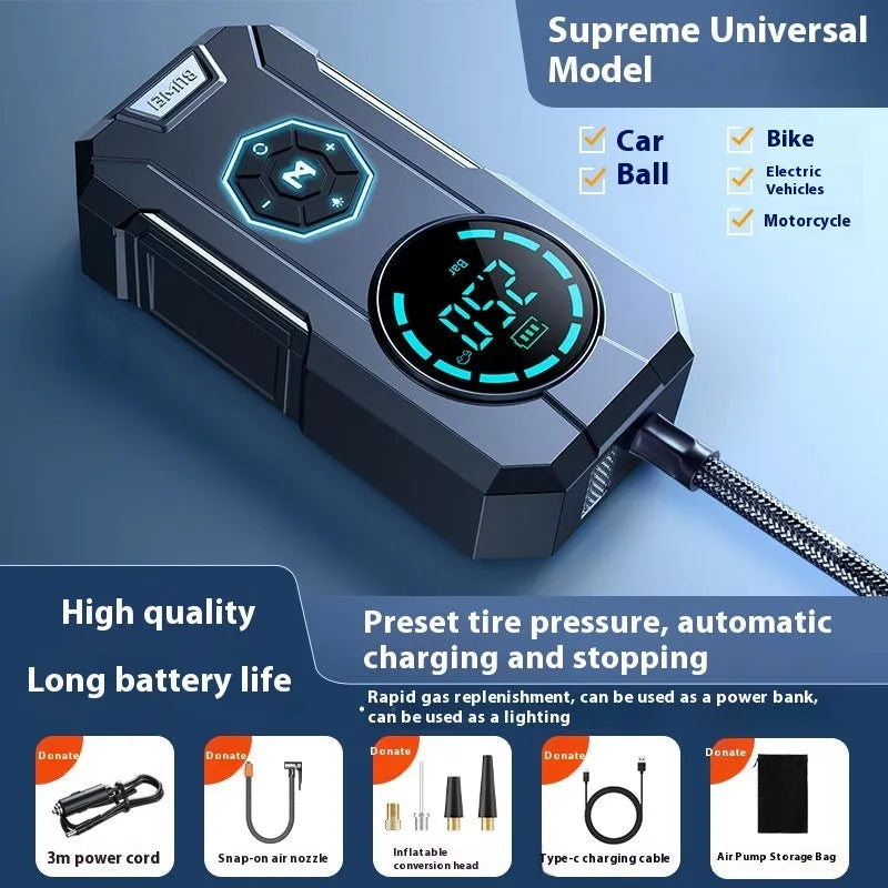 80W wireless portable car tyre inflator with USB charging and LED light, black ABS elastic paint body