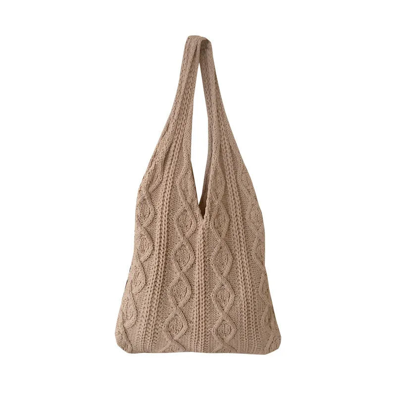 GWomen retro hollow knitted woolen yarn shoulder tote bag in khaki, large 55x37cm size, double straps