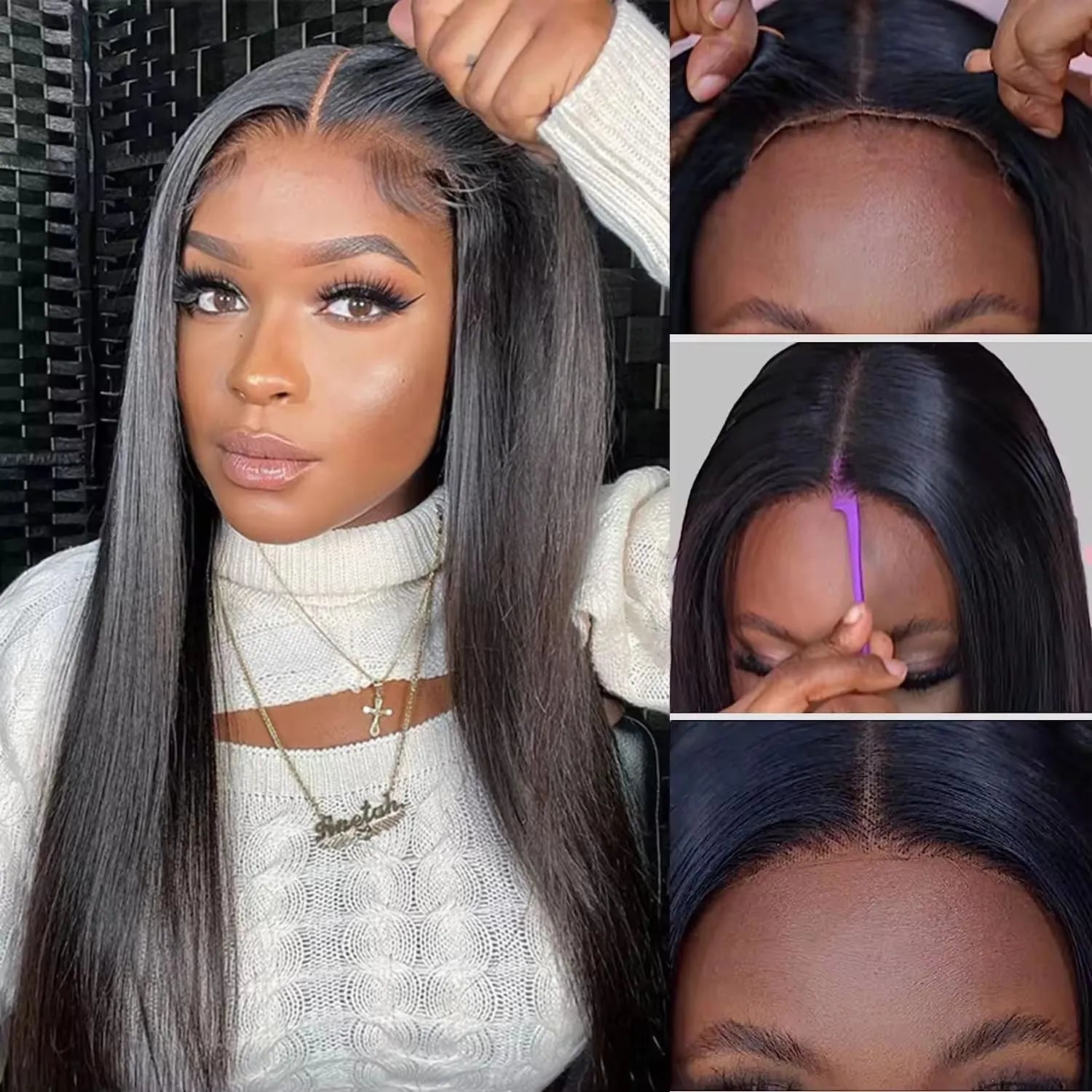 Glueless human hair straight wig with side bangs, shown in long length.