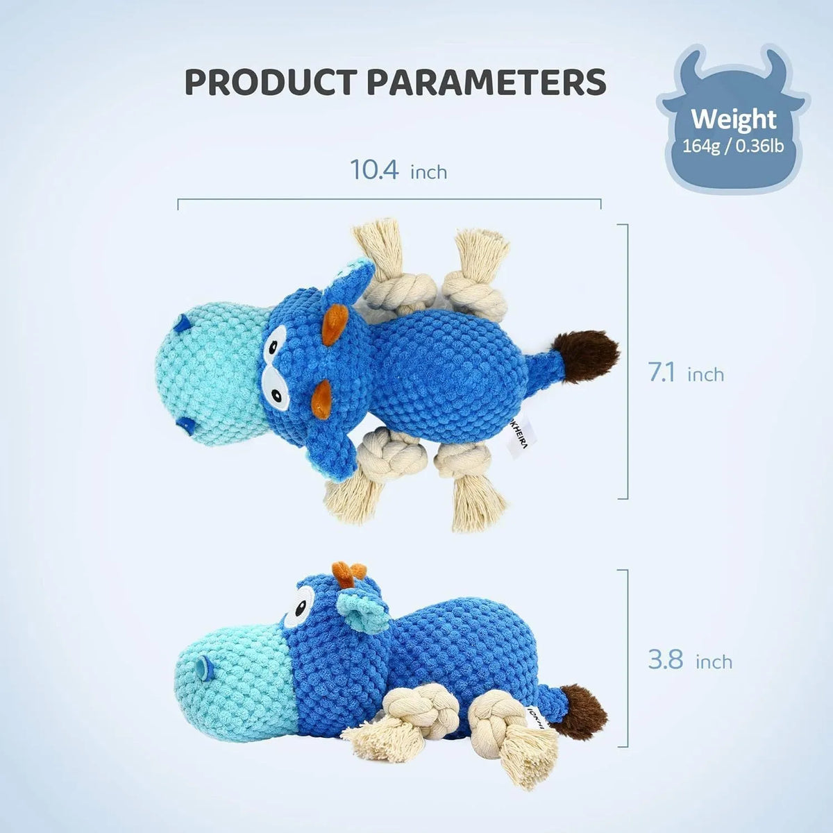 Blue plush dog toy for aggressive chewers with reinforced seams and squeaker