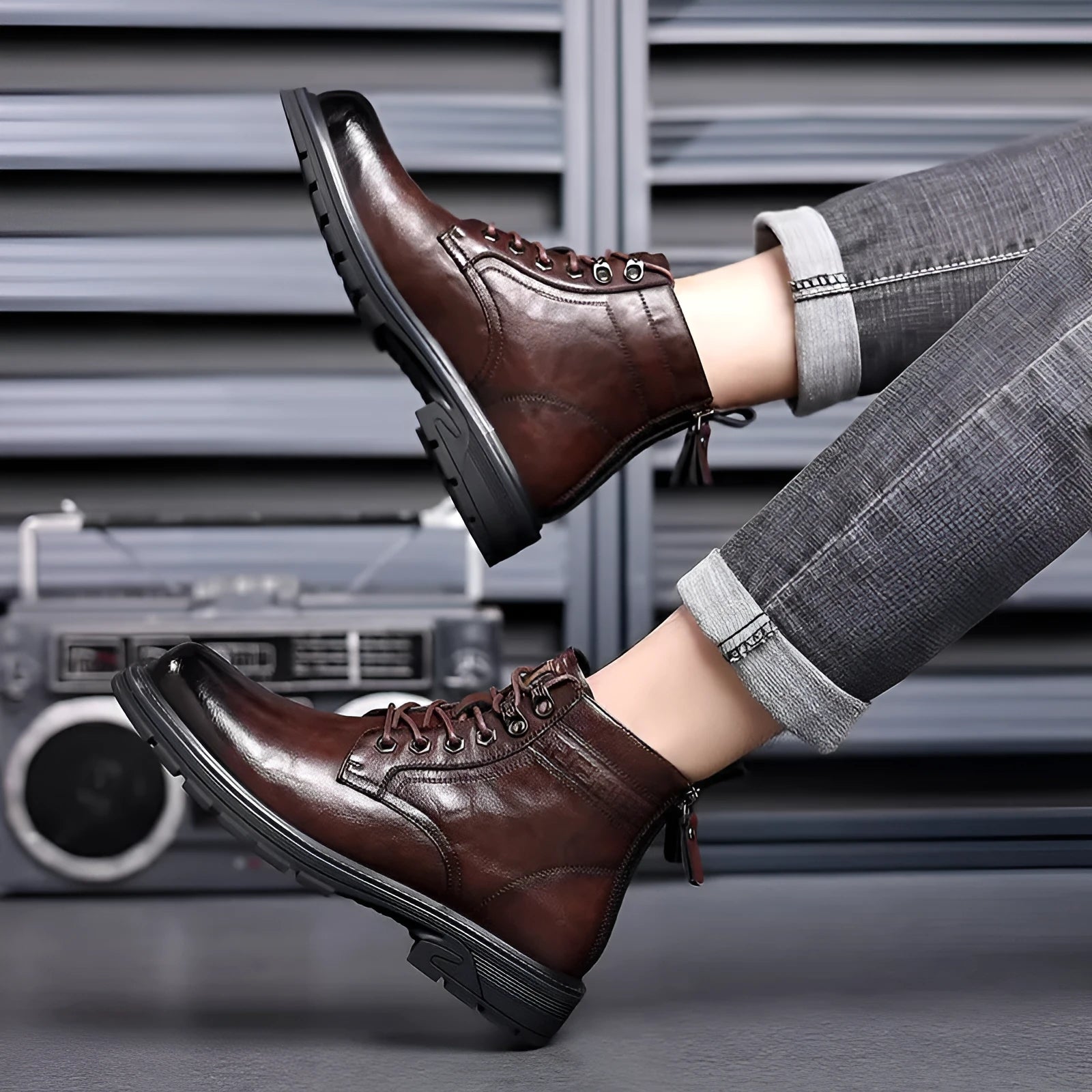 Low heel leather ankle boots with square heel and patent leather construction in black colour