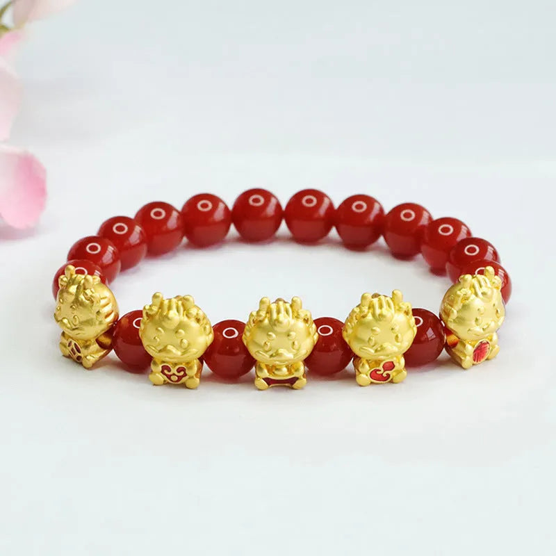 Red agate bracelet with Five Blessing Dragon design, Chinese style spiritual accessory