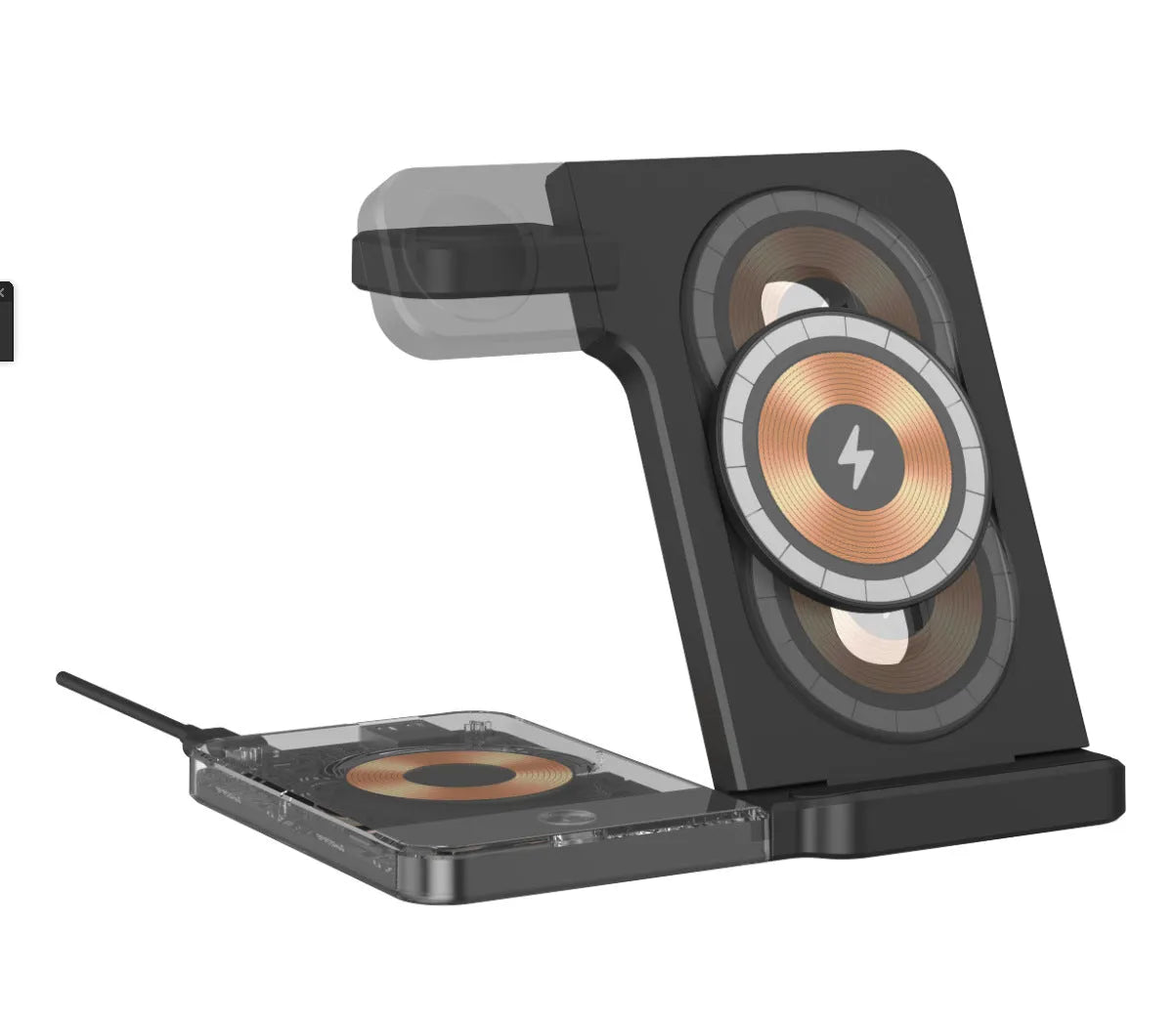 Black foldable three-in-one magnetic wireless charging stand for phones, watches, and headphones on desktop