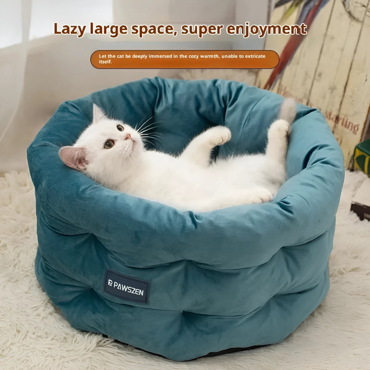 Winter warm pet bed for cats in khaki colour, cloth construction, medium size 48x26cm