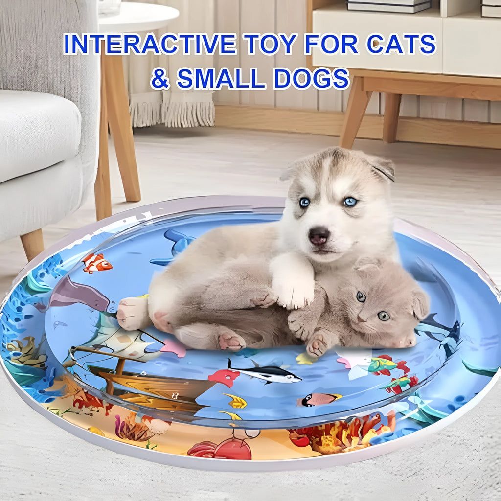 Blue 90cm diameter cat water sensory playmat with floating ocean fish toys inside.