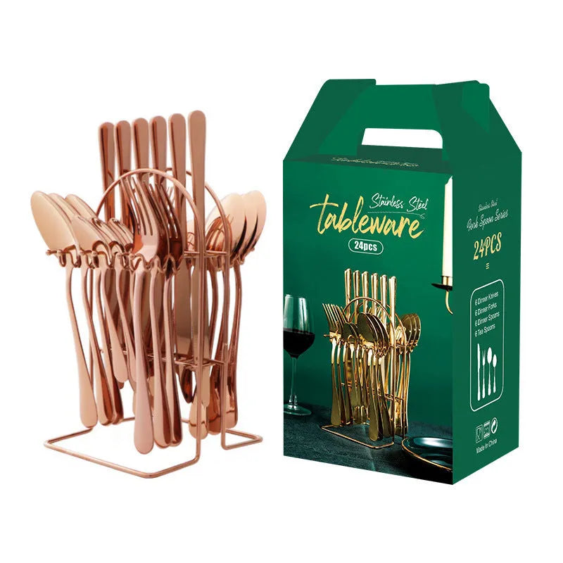 24-piece stainless steel cutlery set with storage rack in a gold finish