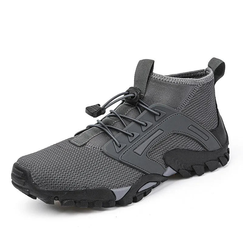 Men's non-slip hiking shoes with fly woven upper and rubber sole, mid-top style in black
