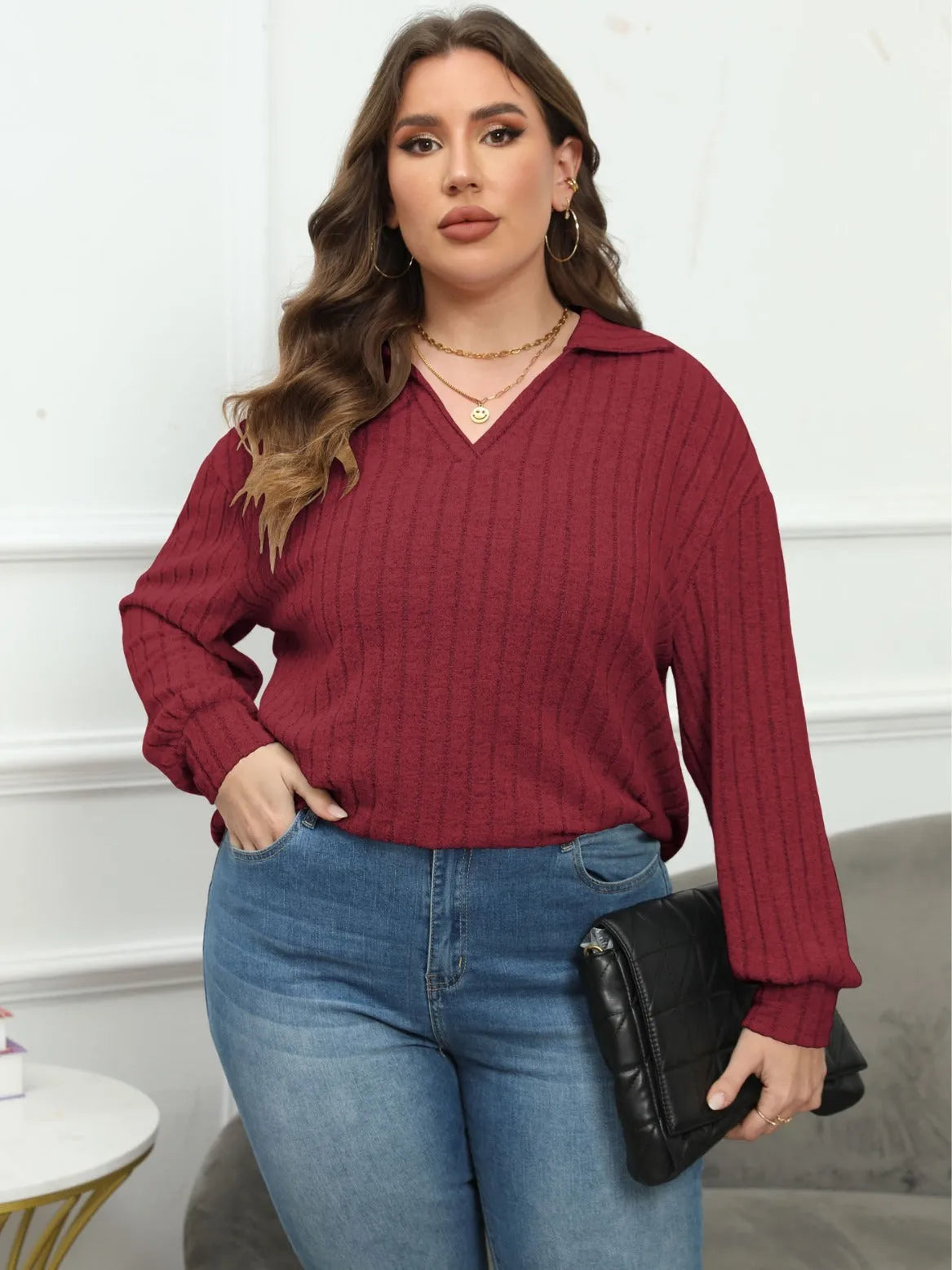 Women's plus size polo collar shirt in velvet polar fleece with lantern sleeves and Gothic street fashion styling