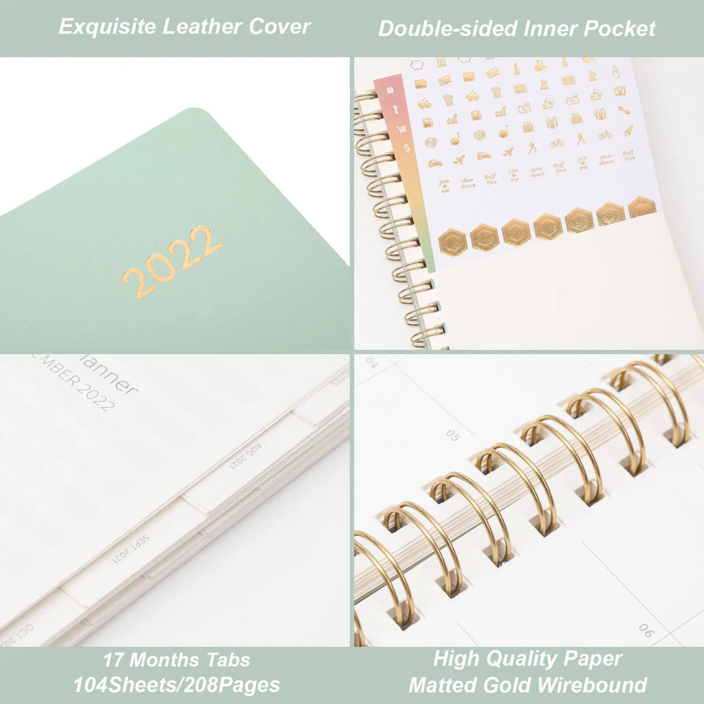 Blue 17-month 2022-2023 student planner with coil binding, month grid, and pockets.