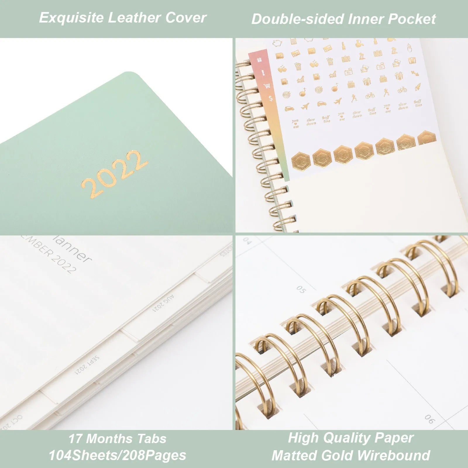 Blue 17-month 2022-2023 student planner with coil binding, month grid, and pockets.