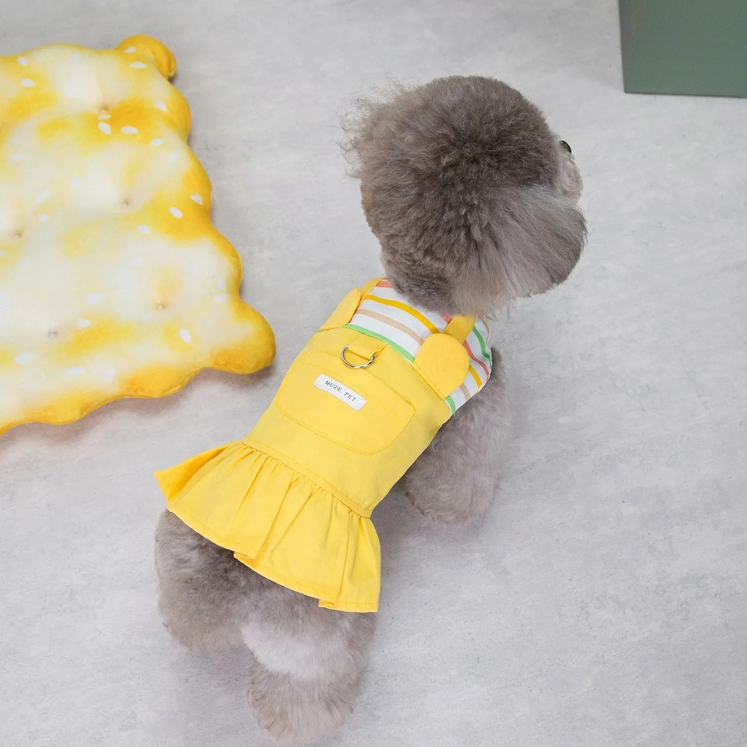 Striped patchwork cotton skirt for dogs in orange and yellow colours