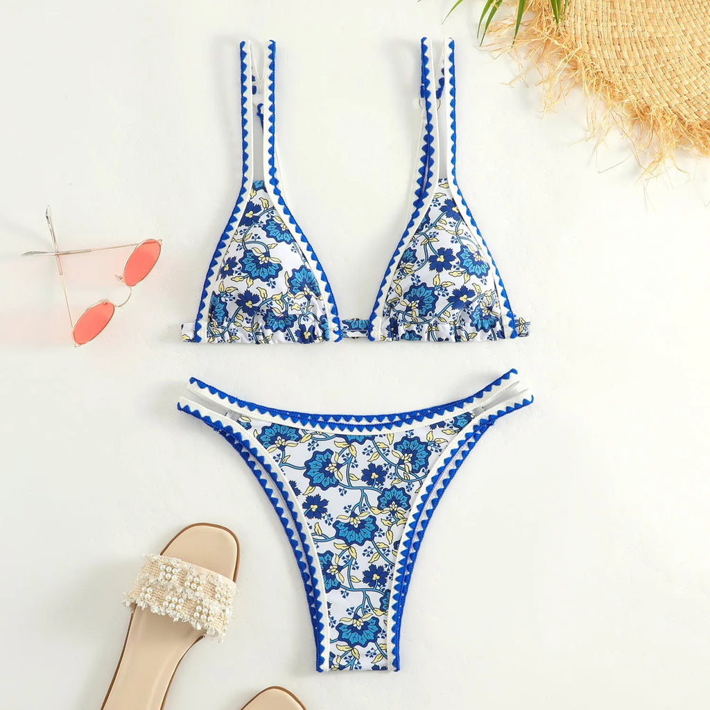 Women's floral printed bikini swimsuit set in polyester fabric for swimming sports