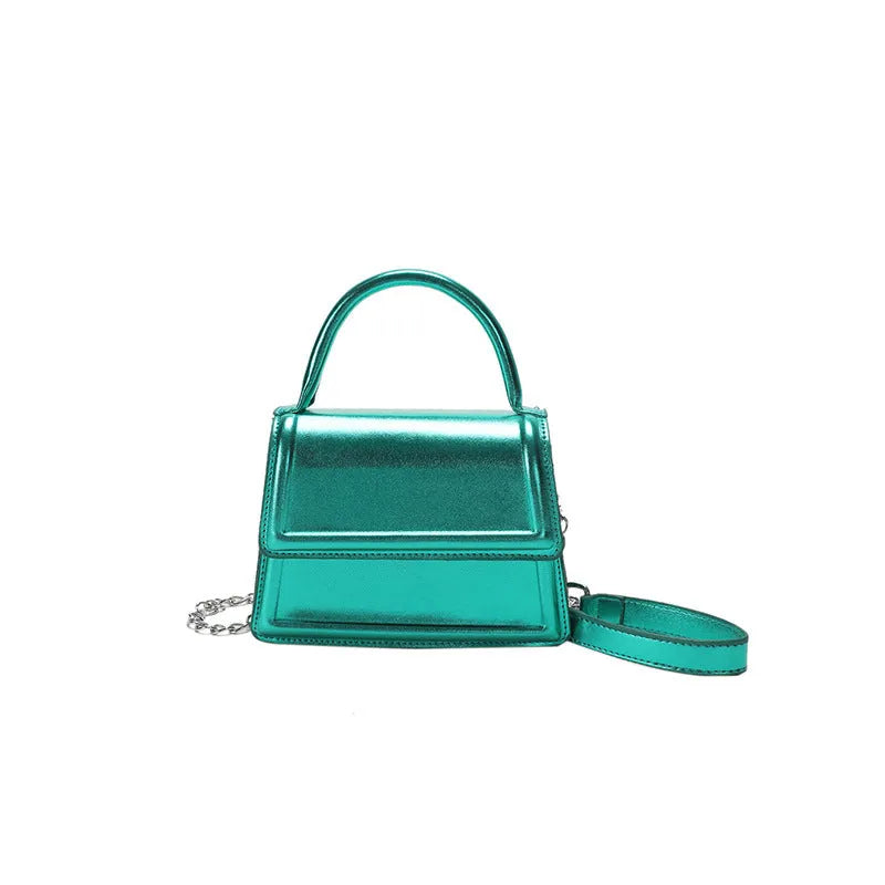 Retro square crossbody bag in PU leather with sewing line details, shown in a selection of colours.