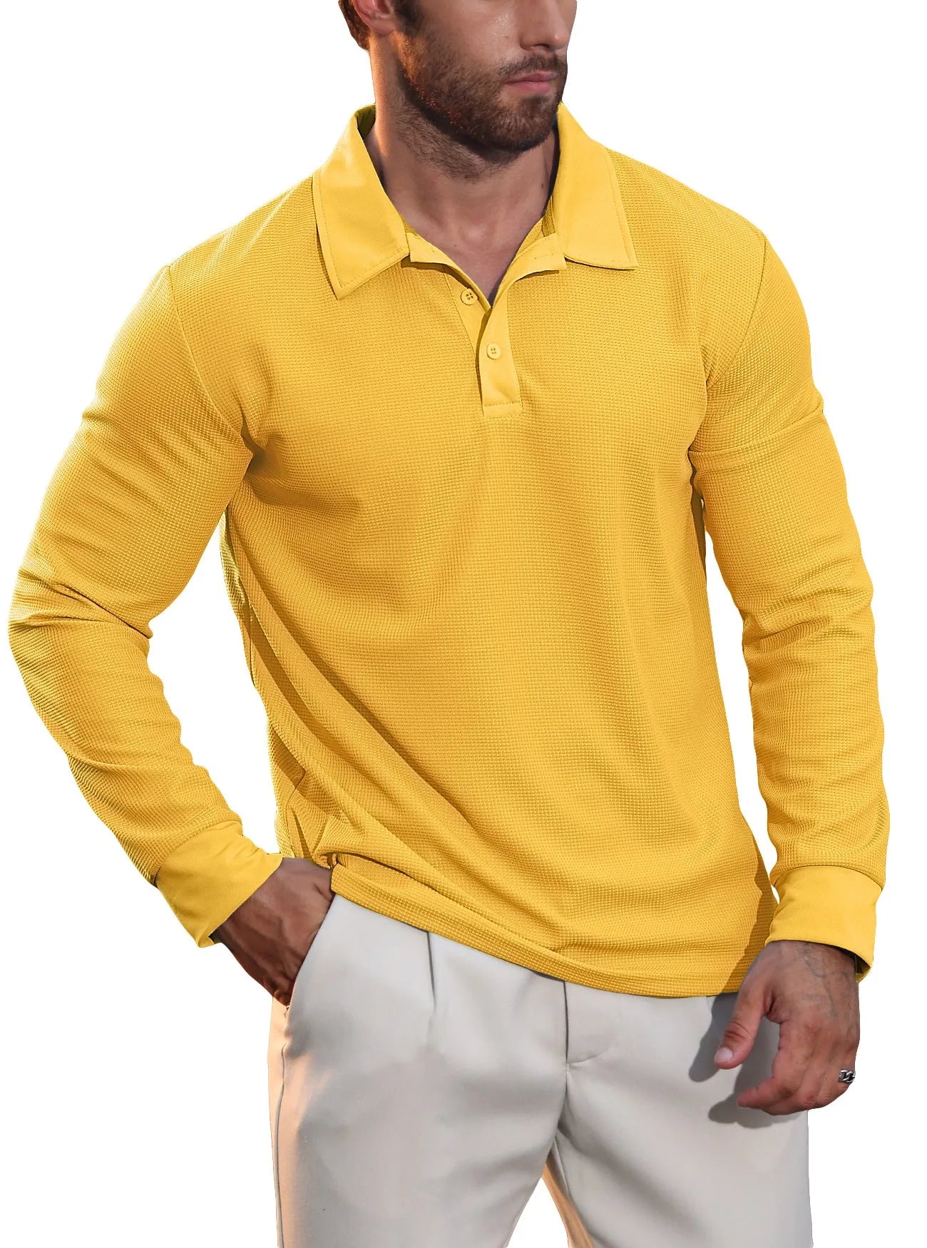 Men's lapel grid pattern long sleeve polyester sweater in autumn colours, front view