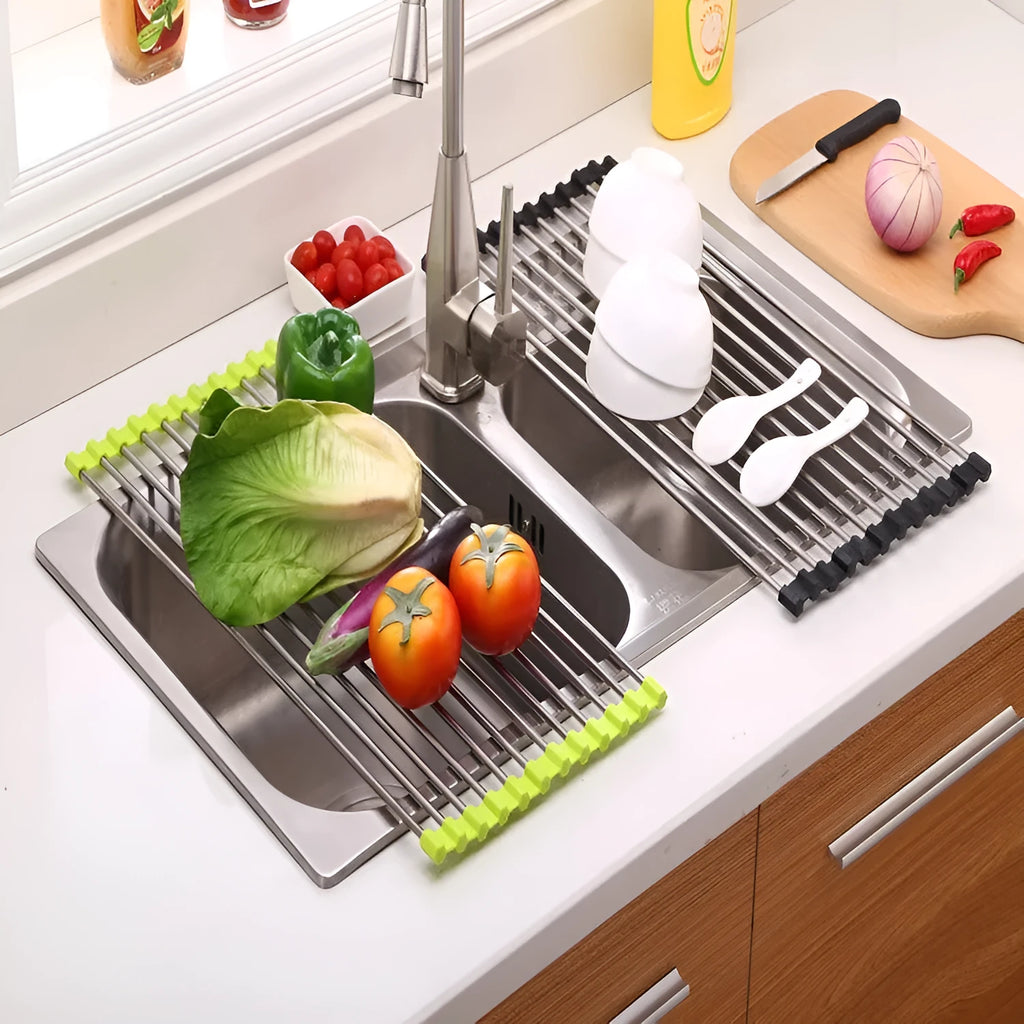 Stainless steel folding kitchen sink drain rack shown in a choice of colours