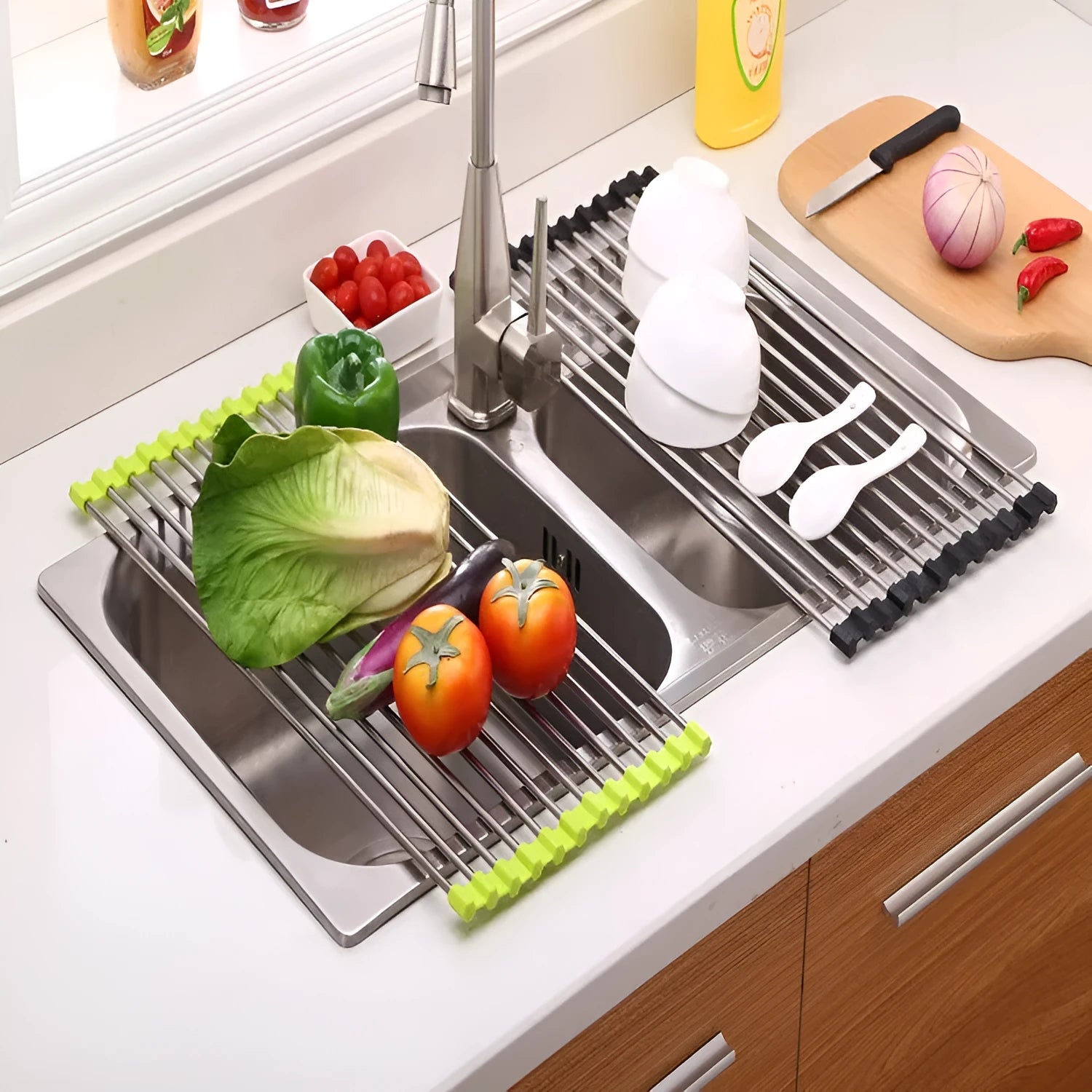 Stainless steel folding kitchen sink drain rack shown in a choice of colours