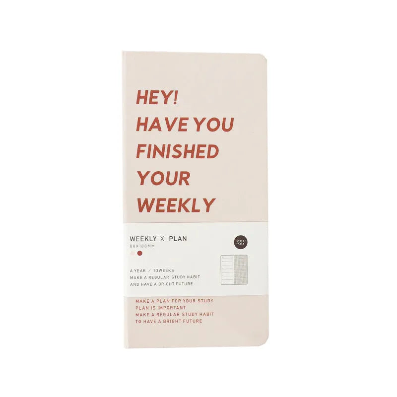 Weekly plan diary handbook with blue cover open to show a weekly layout on its 100 pages.