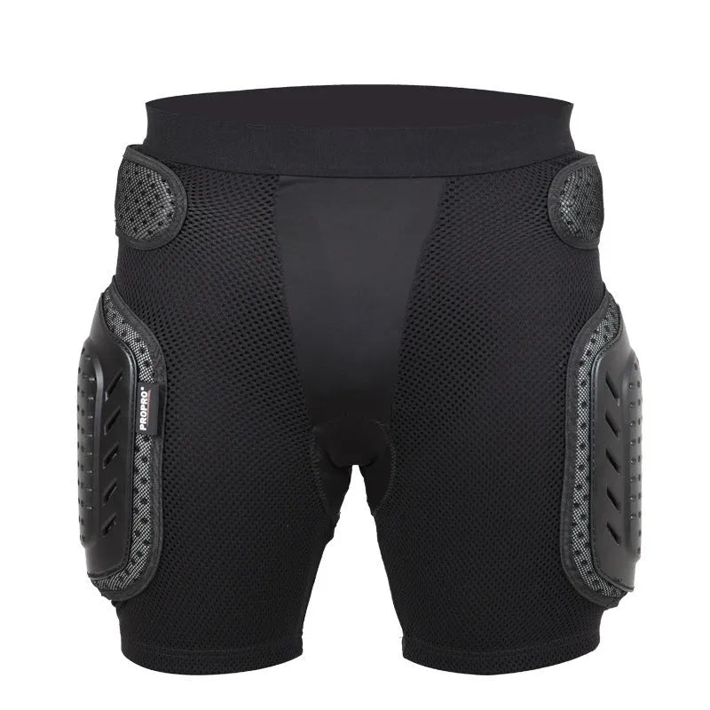 Black cycling protective hip pad pants shown flat, highlighting the integrated hip cushioning area.