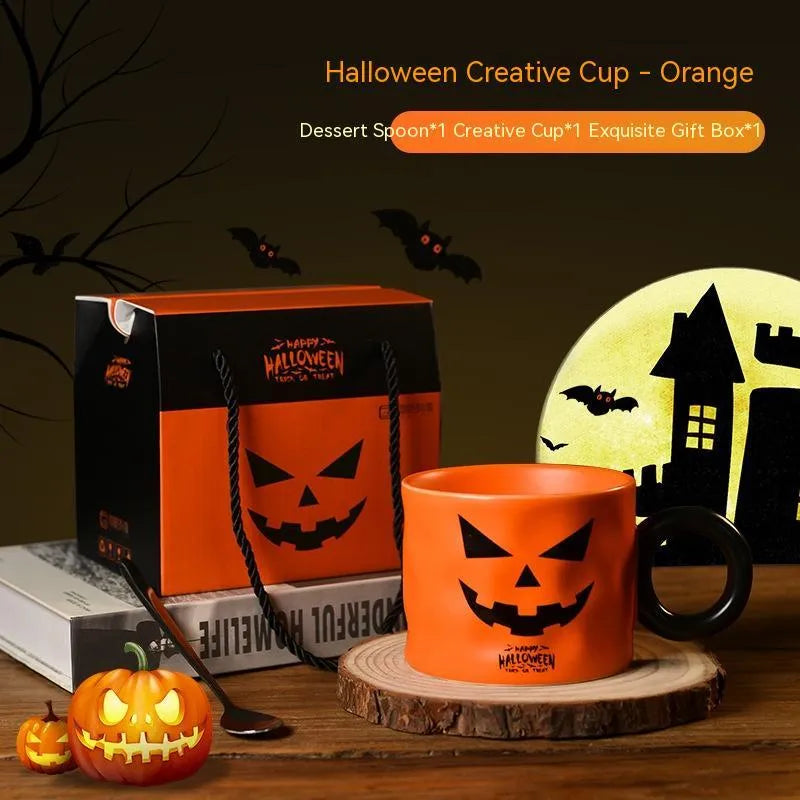 Halloween pumpkin ceramic mug with handle, spoon, and gift box in orange or white