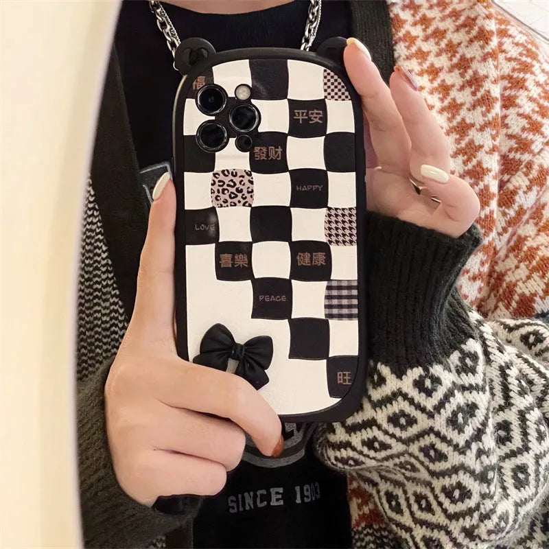 Black and white lattice bow silicone phone case for iPhone, protective shell style