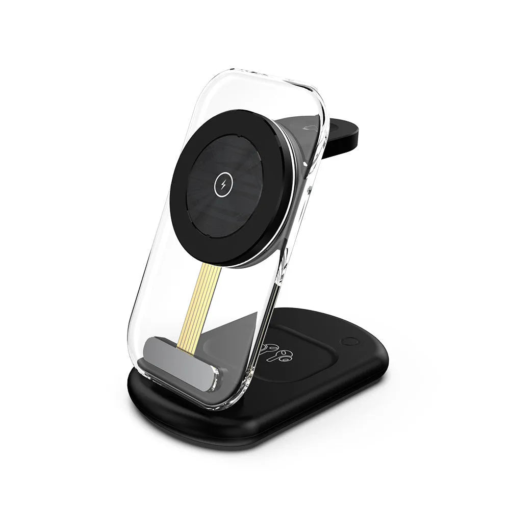 Transparent folding three-in-one magnetic wireless fast charger in black.