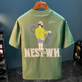 Green men's loose fit t-shirt with a literary youth print on the front, short sleeves.
