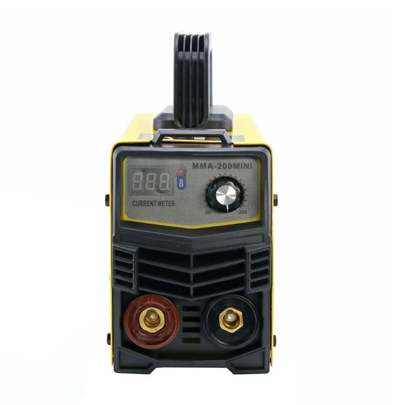 MMA-200MIN 220V DC inverter welding machine with welding tongs, clamps, face shield, and brush hanger