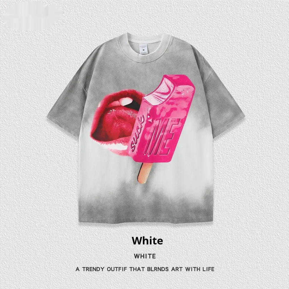 Heavy washed cotton street t-shirt with cartoon pattern in loose fit on mannequin