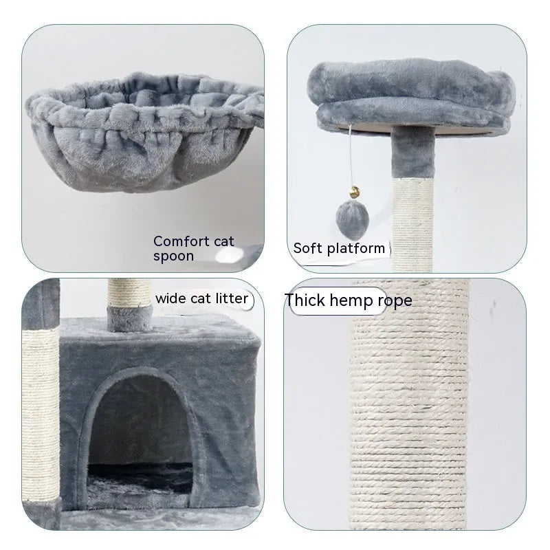 Multi-layer wooden cat climbing frame with chamfered edges, 47x37x133 cm, in beige plush finish